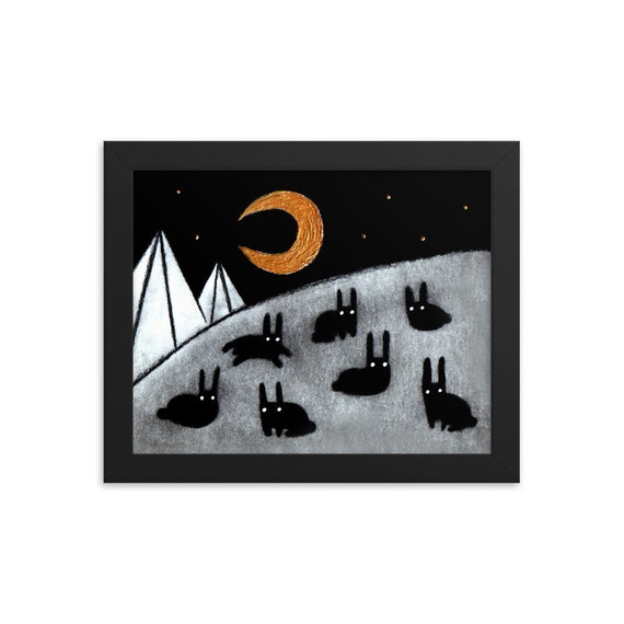 FRAMED ART PRINT 8x10" Black Rabbit Moon Folk Art Goth Bunny Housewarming Quirky Whimsical Gothic Decor Birthday Landscape Framed Wall Art