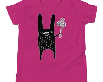 KIDS SIZE Youth Short Sleeve T-Shirt Rabbit Art Print Bunny Birthday Gift Cool Shirts Childrens Gifts Quirky Weird Stuff Rabbit Daisy Flower