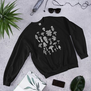 CLASSIC SWEATSHIRT Mushroom Sweater Cottagecore Dark Academia Art Mushroomcore Birthday Gift Weird Botanical Forest Plants Witchcore Black
