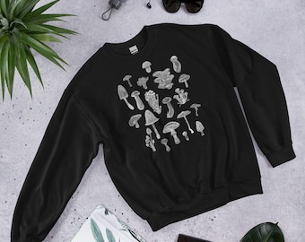 May include: Black sweatshirt with a white graphic print of various types of mushrooms.