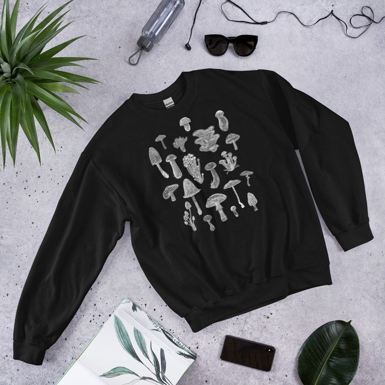 CLASSIC SWEATSHIRT Mushroom Sweater Cottagecore Dark Academia Art Mushroomcore Birthday Gift Weird Botanical Forest Plants Witchcore Black
