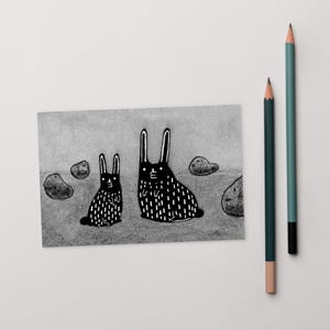 4 x 6 ART PRINT CARTE POSTALE Lapin noir Kawaii art folklorique cadeau d'anniversaire lunatique mignon étrange original pendaison de crémaillère Art drôle gothique de lapin