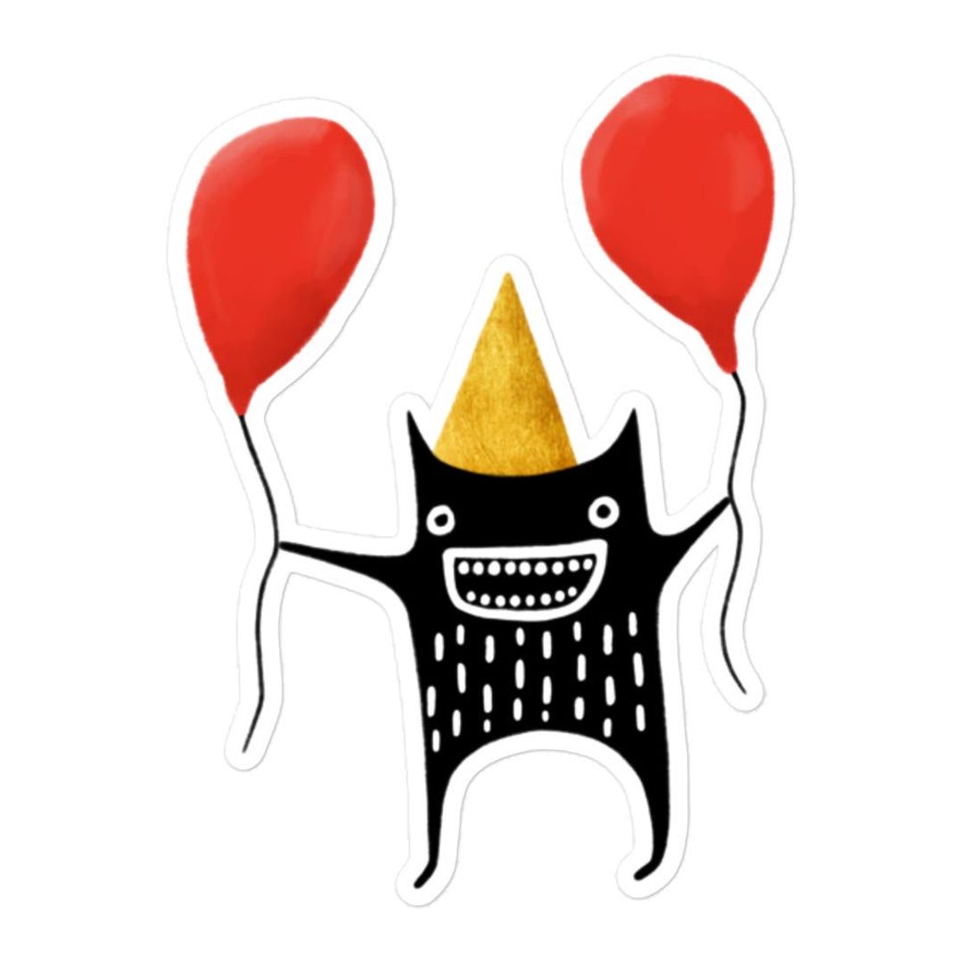 Party Cat Sticker VINYL STICKER Party Monster Cat Birthday Red Balloon Funny Celebration ...