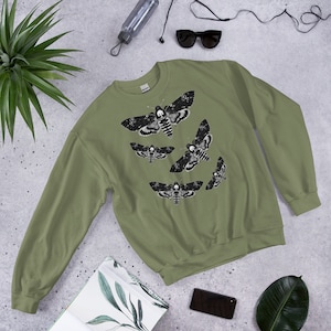CLASSIC SWEATSHIRT Moth Sweater Folk Art Insect Birthday Housewarming Gifts Weird Botanical Forest Bugs Hawkmoth Creepy Horror Goth Punk Emo Military Green