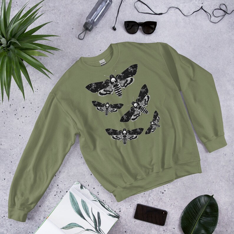 CLASSIC SWEATSHIRT Moth Sweater Folk Art Insect Birthday Housewarming Gifts Weird Botanical Forest Bugs Hawkmoth Creepy Horror Goth Punk Emo Military Green