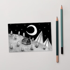 4 x 6 ART PRINT CARTE POSTALE paysage de nuit croissant de lune cottage montagnes art populaire lunatique cadeau de pendaison de crémaillère Illustration cadeau d'anniversaire cabine