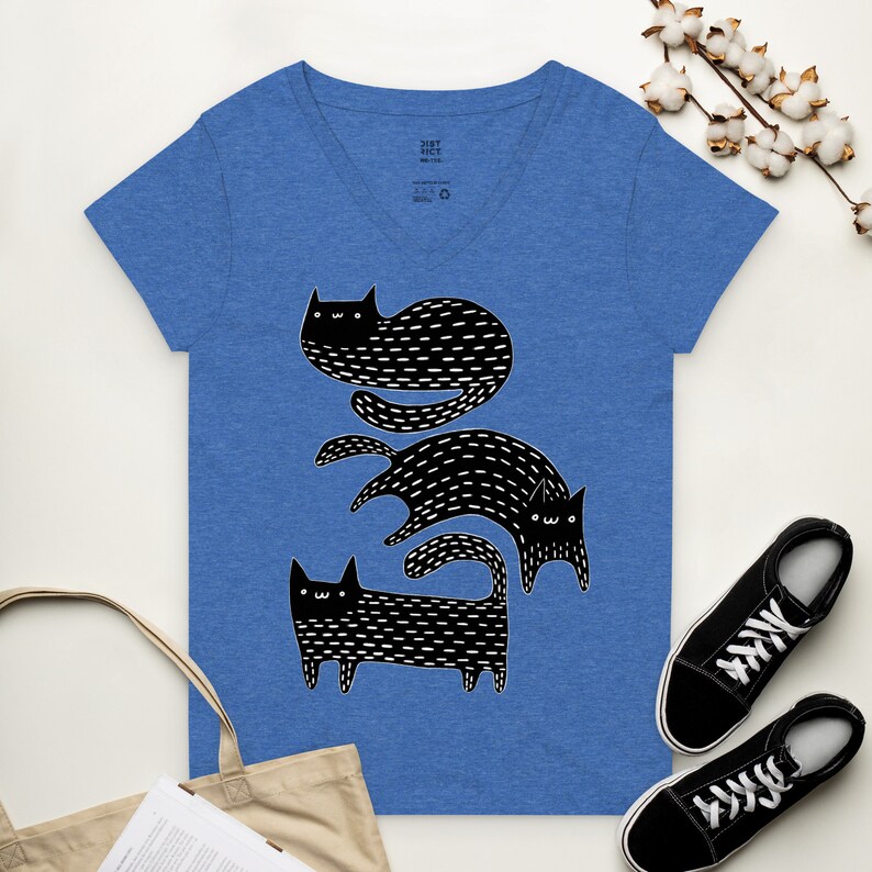 V-NECK T-SHIRT Black Cat Shirt Folk Art Birthday Housewarming Gifts Funny Cute Kitty Shirts Whimsical Gift Gothic Cats Weird Art Witchy Goth Blue Heather