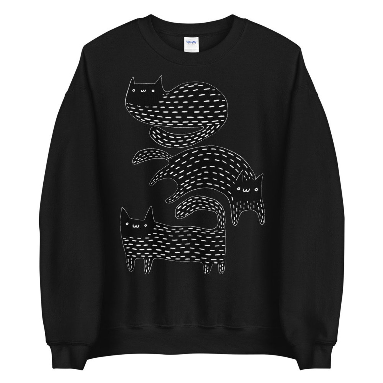 Black Cat Sweatshirt Crew Neck Pull Folk Art Folk Print Etsy