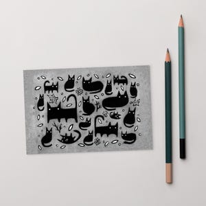 4 x 6 ART PRINT CARTE POSTALE Chat noir Kawaii Kitty Art folklorique Jolie carte originale et lunatique Art étrange Cadeau de pendaison de crémaillère Cartes d'anniversaire Cadeaux pour amoureux des chats
