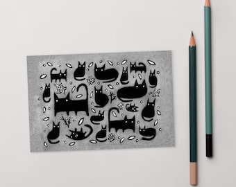 4x6 ART PRINT POSTCARD Black Cat Kawaii Kitty Folk Art Cute Quirky Whimsical Card Weird Art Housewarming Gift Birthday Cards Cat Lover Gifts