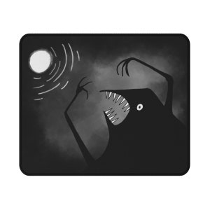 May include: A black and white illustration of a monster with sharp teeth and a single eye, reaching out from the darkness towards a bright white moon.