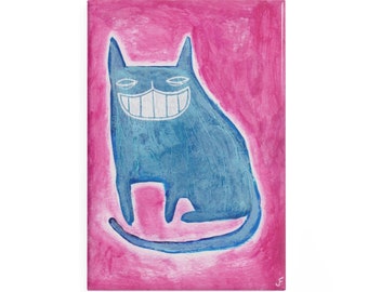 May include: A blue cat with a wide, white smile sits on a pink background. The cat is painted in a simple, childlike style.