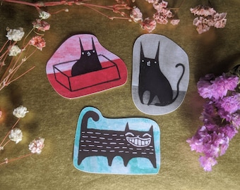 PAPER STICKERS Black Cat Folk Art Miniature Collectible Cute Illustration Funny Birthday Gifts Weird Stuff Housewarming Odd Stationery