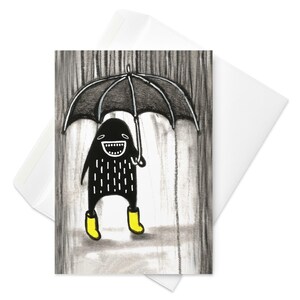 GREETING CARD Rain Monster Cute Folk Art Whimsical Rainy Day Umbrella Quirky Yellow Rainboots Birthday Cards Housewarming Gift Spring Rain