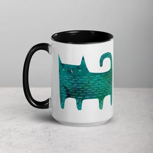 15oz COFFEE MUG Blue Cat Kawaii Cats Folk Art Housewarming Cute Kitty Birthday Gifts Funny Weird Quirky Whimsical Tea Cat Lover Gifts