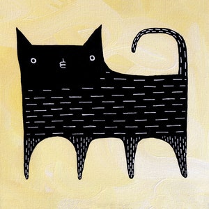 8x10" ART PRINT Black Cat Folk Art Painting Quirky Housewarming Gifts Outsider Art Whimsical Home Decor Animals Funny Cat People Gifts