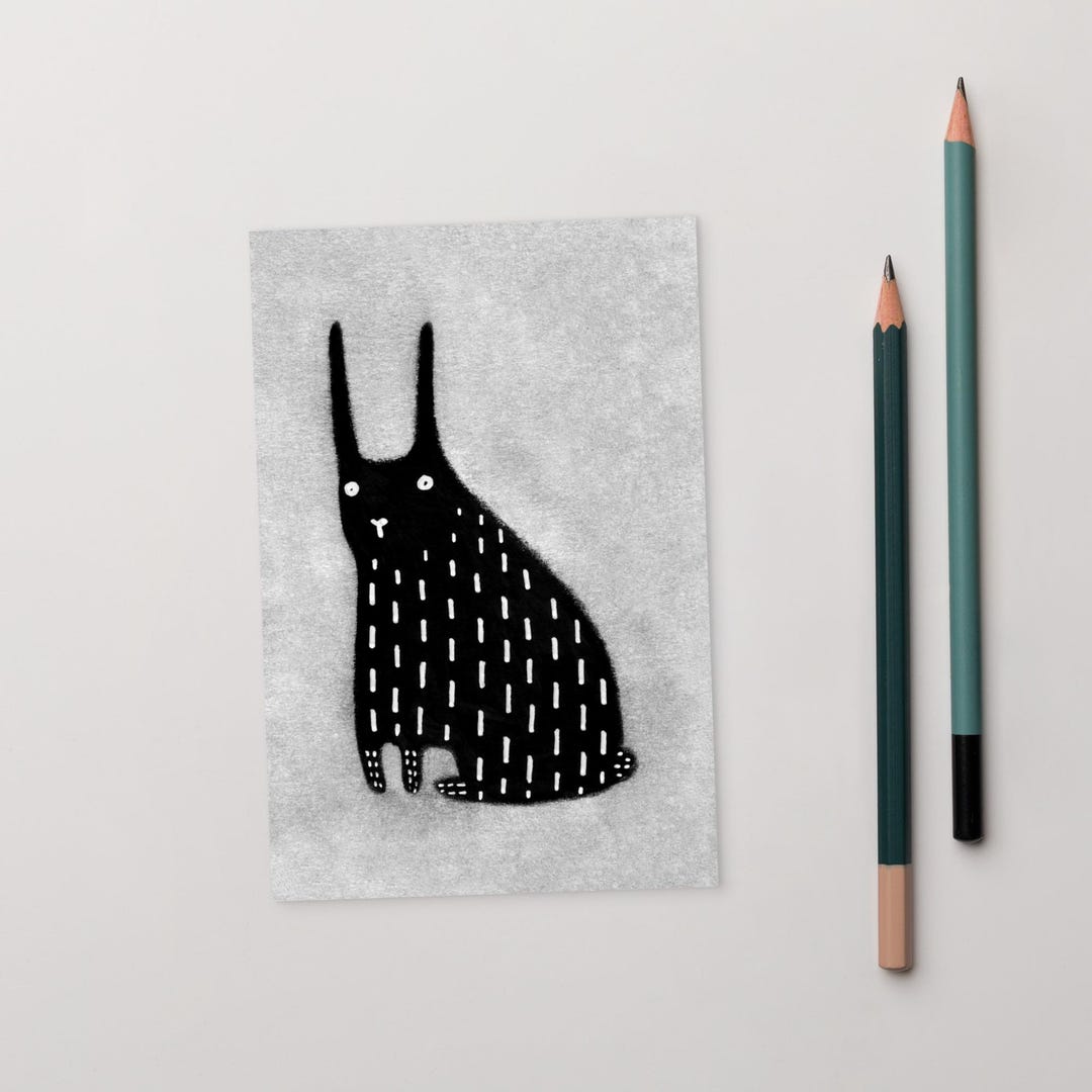 4x6 ART PRINT POSTCARD Black Rabbit Kawaii Folk Art Birthday Gift ...