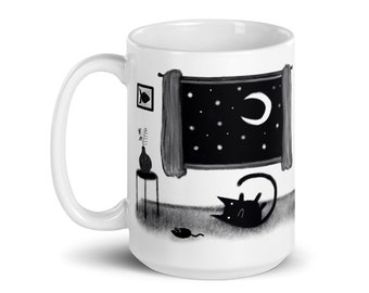 15oz COFFEE MUG Black Cat Folk Art Housewarming Birthday Gifts Big Mugs Funny Cute Weird Stuff Quirky Large Tea Cup Ceramic Cats