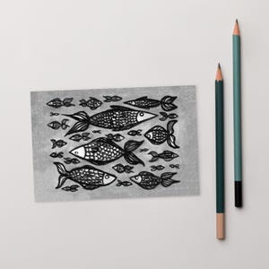 4x6 ART PRINT POSTCARD Fish Folk Art Kawaii Whimsical Fishing Cute Animals Fish Pond Lake Housewarming Gift Birthday Quirky Wall Art