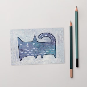 4 x 6 CARTE POSTALE IMPRESSION D'ART Chat bleu Kawaii chats Art folklorique pendaison de crémaillère Kitty impression d'art Unique original original lunatique chat amoureux des cadeaux décoration d'intérieur fantaisie