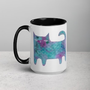 15oz COFFEE MUG Blue Cat Kawaii Cats Folk Art Housewarming Cute Kitty Birthday Gifts Funny Weird Quirky Whimsical Tea Cat Lover Gifts