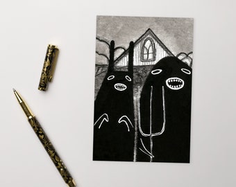 4x6 POSTCARD American Gothic Monster Illustration Outsider Folk Art Portrait Humour Creepy Cute Weird Funny Birthday Housewarming Gifts