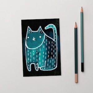 4 x 6 CARTE POSTALE IMPRESSION D'ART Chat bleu Kawaii chats Art folklorique pendaison de crémaillère Kitty impression d'art Unique original original lunatique chat amoureux des cadeaux décoration d'intérieur fantaisie