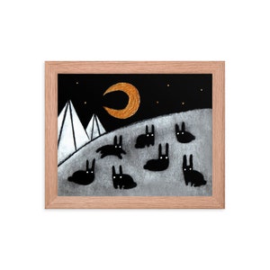 May include: A black and white illustration of a night scene with a crescent moon and stars.  There are two white mountains in the background and a group of black rabbits in the foreground.
