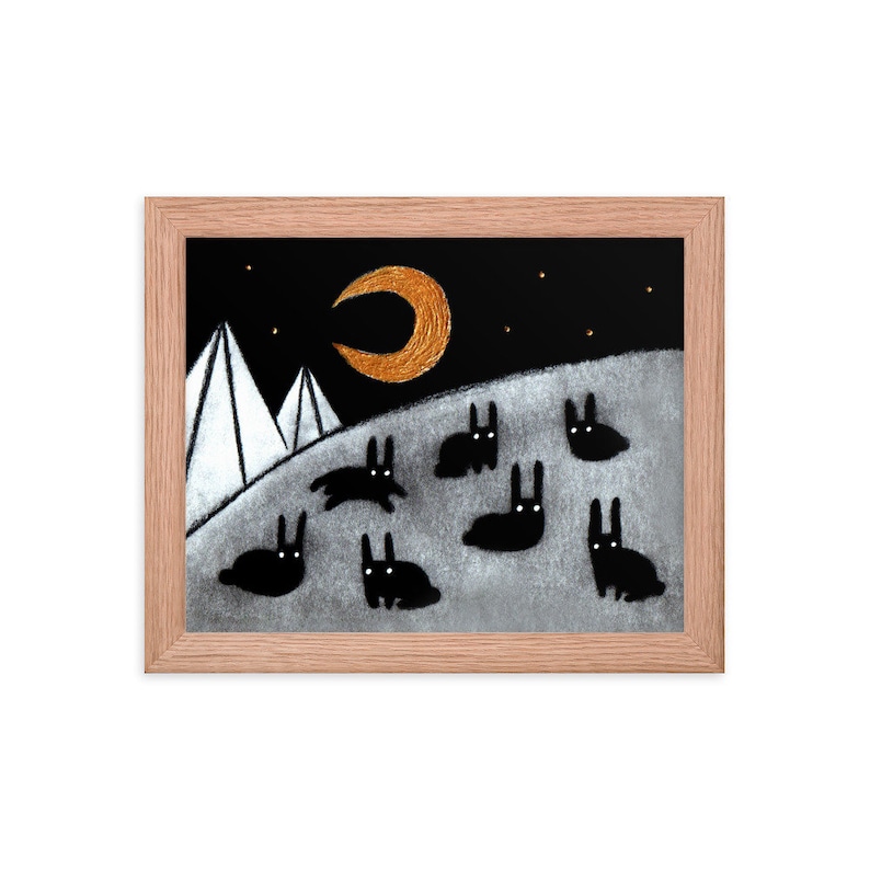 May include: A black and white illustration of a night scene with a crescent moon and stars.  There are two white mountains in the background and a group of black rabbits in the foreground.