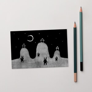 4 x 6 ART PRINT CARTE POSTALE Lapin monstre nuit paysage lune art folklorique lunatique cartes d'anniversaire fantaisie bizarre original unique cadeaux de pendaison de crémaillère