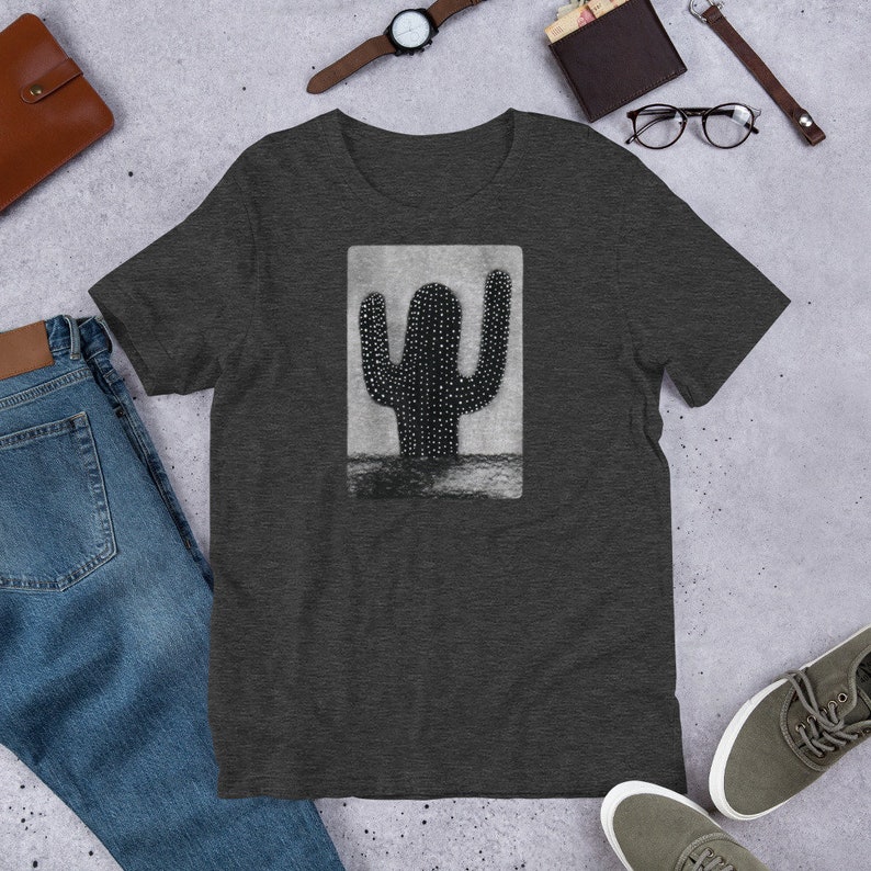 STRAIGHT CUT T-SHIRT Black Cactus Shirt Cacti Folk Art Desert Plant Creepy Goth Birthday Gifts Modern Botanical Witchy Gothic Art Punk Emo Dark Grey Heather