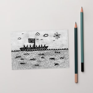 4 x 6 ART PRINT CARTE POSTALE Chat noir bateau voile pêche voyage Kawaii chats Folk Art dessin Cottage Camp Illustration lunatique océan bateau bateau