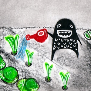 ACEO ART PRINT Garten Monster Folk Kunst Karte Niedliche schrullige Housewarming Geschenke Lustig Geburtstag für Mutter Sonderbares Pflanzen Zimmerpflanzen Geschenk für Nachbar