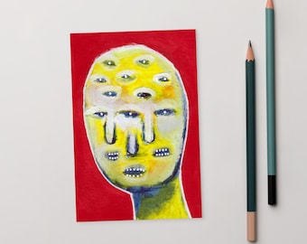 Op de afbeelding: Een schilderij van een geel gezicht met meerdere ogen en een druipende neus op een rode achtergrond.