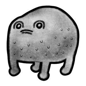 Puede incluir: Una ilustración de dibujos animados en blanco y negro de una criatura redonda y gris con ojos grandes y patas pequeñas. La criatura tiene una superficie texturizada y una expresión ligeramente triste.