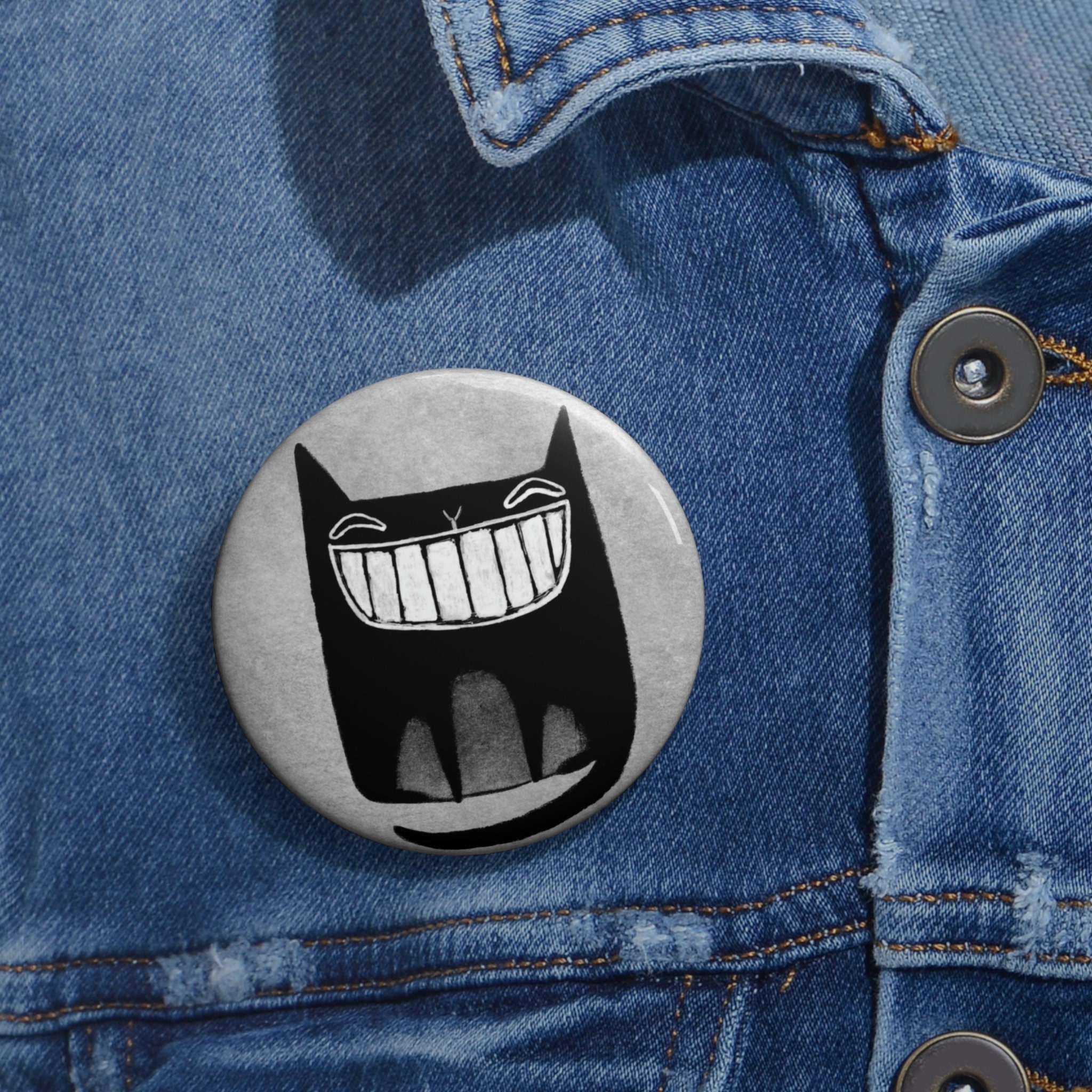 PINBACK BUTTON Pin Black Cat Art Badge Folk Art Kitty Brooch Weird Cute ...