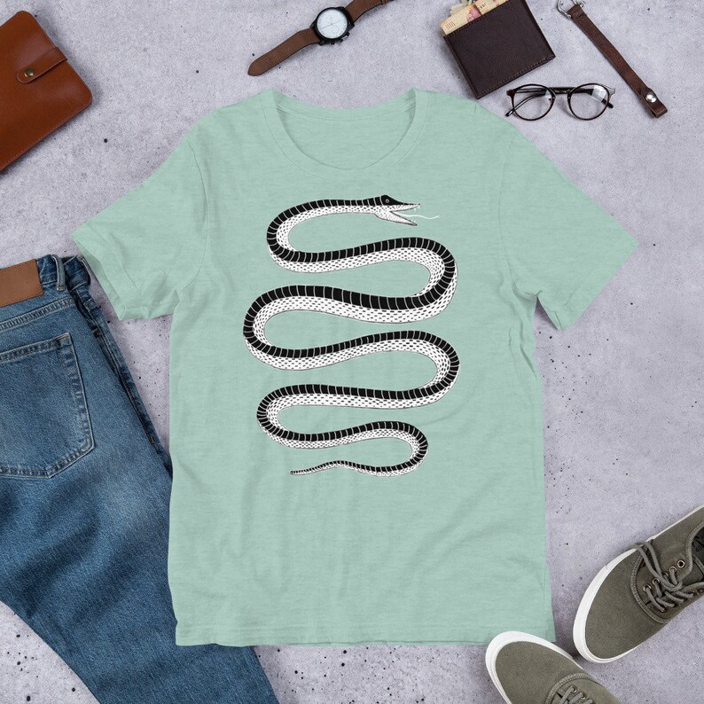 May include: A light green t-shirt with a black and white snake design. The snake is curled up in a spiral shape.