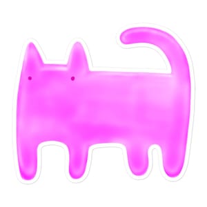 Puede incluir: Una pegatina de gato de dibujos animados de color rosa brillante con un diseño simple. El gato tiene un cuerpo redondeado y una cola larga.