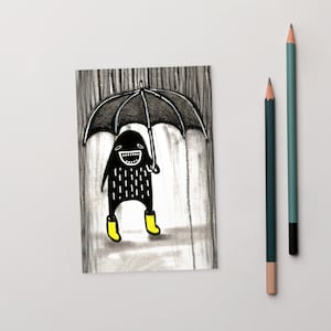 4x6 IMPRESSÃO DE ARTE CARTÃO POSTAL Monstro da Chuva Arte Folclórica Bonita Caprichosa Dia Chuvoso Guarda-chuva Botas de Chuva Amarelas Peculiares Presente Engraçado de Aniversário Chuva de Primavera