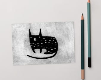 CARTÃO POSTAL ARTÍSTICO IMPRESSO 4x6 Gato Preto Kawaii Gatinho Arte Folclórica Cartão Bonito, Peculiar e Caprichoso Arte Estranha Presente de Inauguração de Casa Cartões de Aniversário Presentes para Amantes de Gatos
