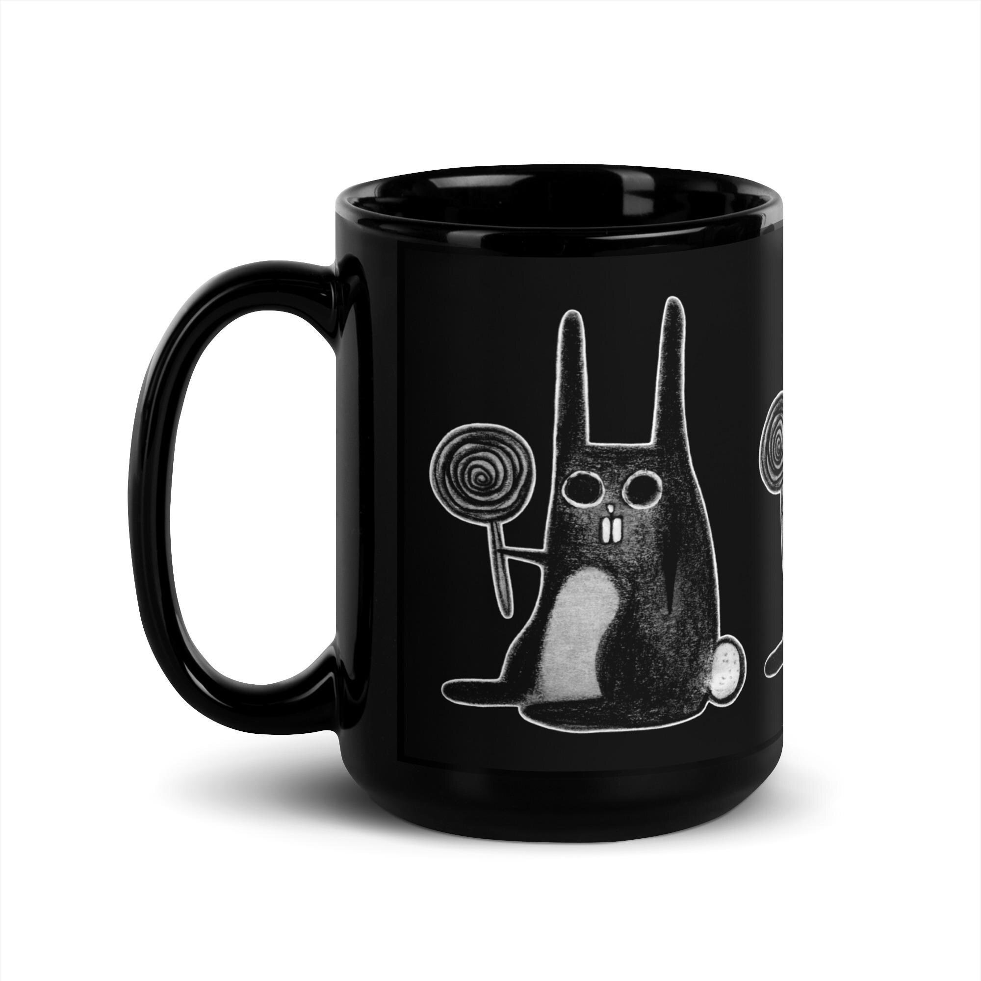 15 Unzen SCHWARZE KAFFEE BECHER Weird bezogenes Kaninchen Lollipop Dark Academia Gothic Bunny Geburtstag Einweihungsparty Geschenk Goth Weirdcore Gruselige Frühlingsfunde