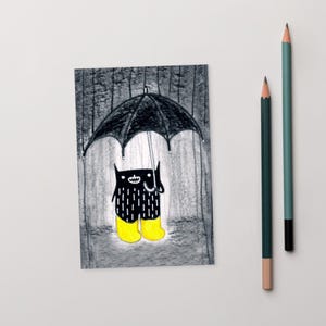 4x6 ART PRINT POSTCARD Rain Monster Cute Folk Art Whimsical Rainy Day Umbrella Quirky Yellow Rainboots Funny Birthday Gift Spring Rain