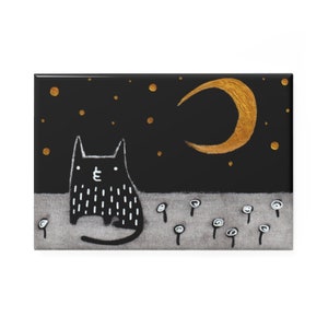 May include: A black cat with white spots sits in a field of white flowers under a crescent moon and a starry night sky.