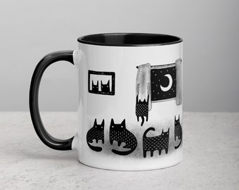 11oz COFFEE MUG Black Cat Folk Art Housewarming Birthday Gifts Illustration Funny Cute Weird Stuff Quirky Tea Gift Ceramic Tea Cat Lover