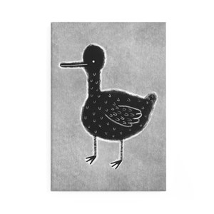 May include: A black and white illustration of a duck with a textured background. The duck has a long neck and a small head with a white dot for an eye. The duck's body is covered in small white dots.