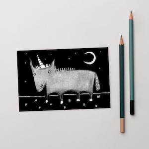 4 x 6 ART PRINT CARTE POSTALE Licorne étrange cheval art folklorique Illustration fantaisiste trucs étranges effrayant mignon pendaison de crémaillère drôle cadeaux d'anniversaire original
