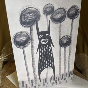 PREMIUM GREETING CARD Rabbit Monster Forest Folk Art Gothic Creepy Cute Whimsical Housewarming Gift Funny Birthday Gifts Quirky Spring Finds