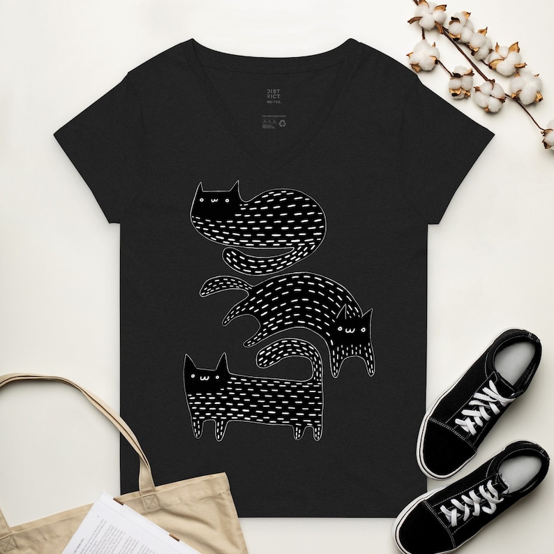 V-NECK T-SHIRT Black Cat Shirt Folk Art Birthday Housewarming Gifts Funny Cute Kitty Shirts Whimsical Gift Gothic Cats Weird Art Witchy Goth Black