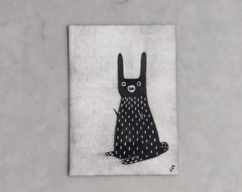 ACEO ORIGINAL ART Black Rabbit Funny Cute Bunny Birthday Gifts Trading Card Drawing Whimsical Weird Stuff Housewarming Folk Art Weirdcore