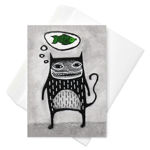 Carte de voeux d'art folklorique de chat noir Illustration de poisson lunatique Bizarre mignon cadeaux d'anniversaire de pendaison de crémaillère Cartes drôles originales